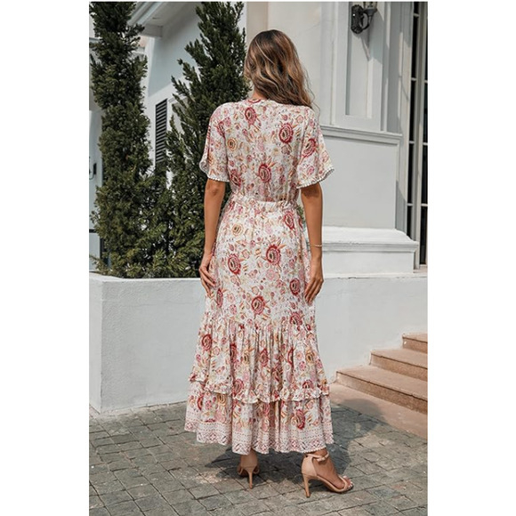 R.Vivimos Womens M Short Sleeve V Neck Floral Print Casual Bohemian Midi Dress - Picture 2 of 4